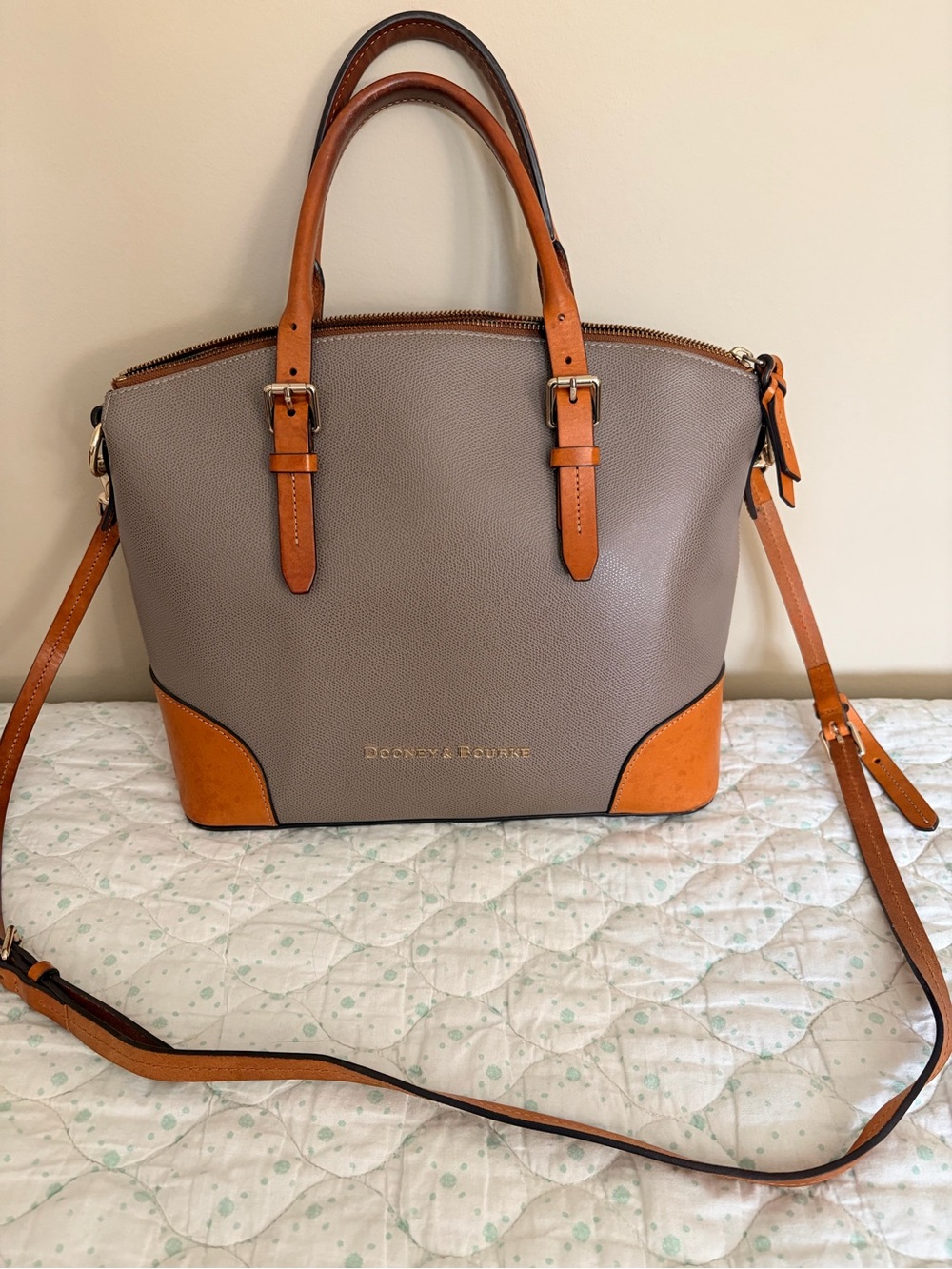 Dooney & Bourke Clairmont Domed Satchel Taupe Pebble Leather Satchel w/ Tan Trim
